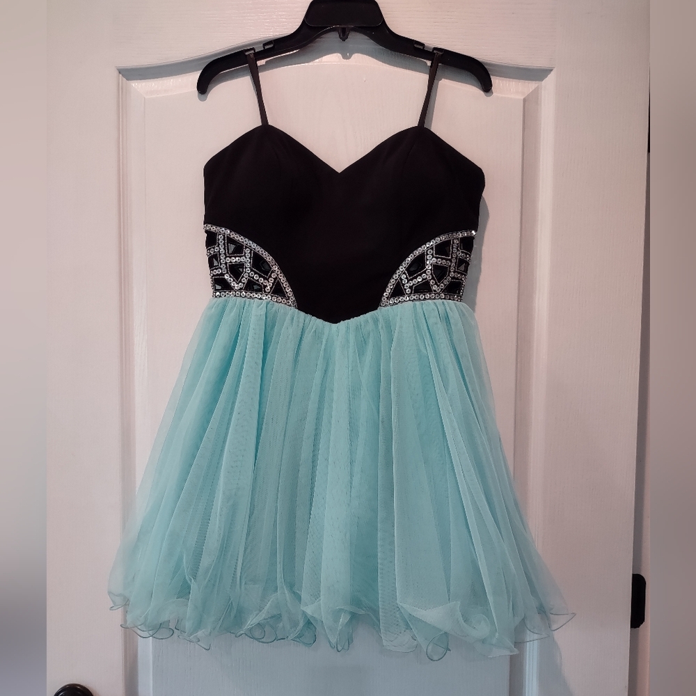 Blondie Nites Strapless Blue Mini Dress Sequined Cut-out Bodice Juniors Size 11